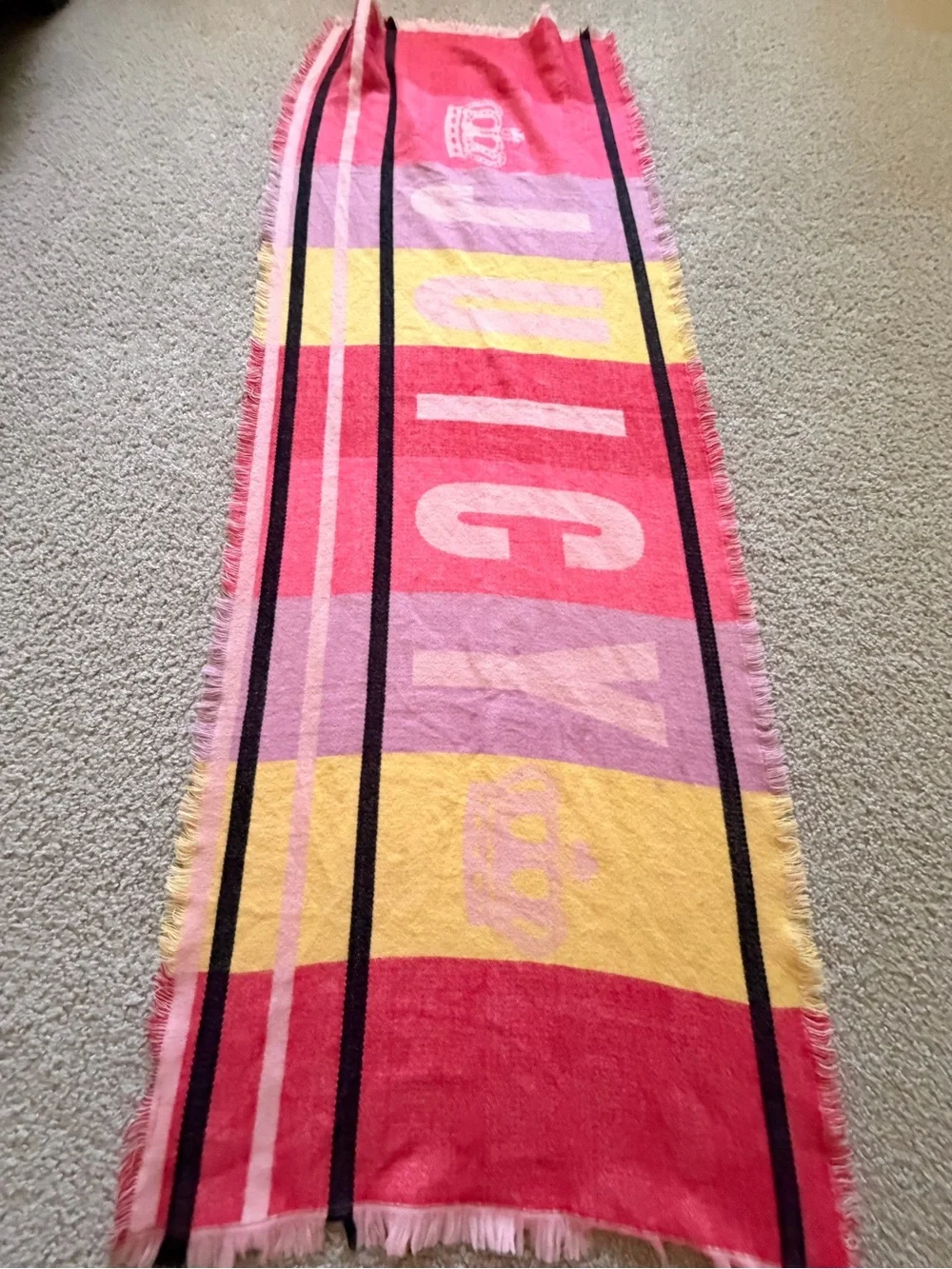 Juicy Couture Pink Multi-Striped Fringe Scarf with Yellow Accent